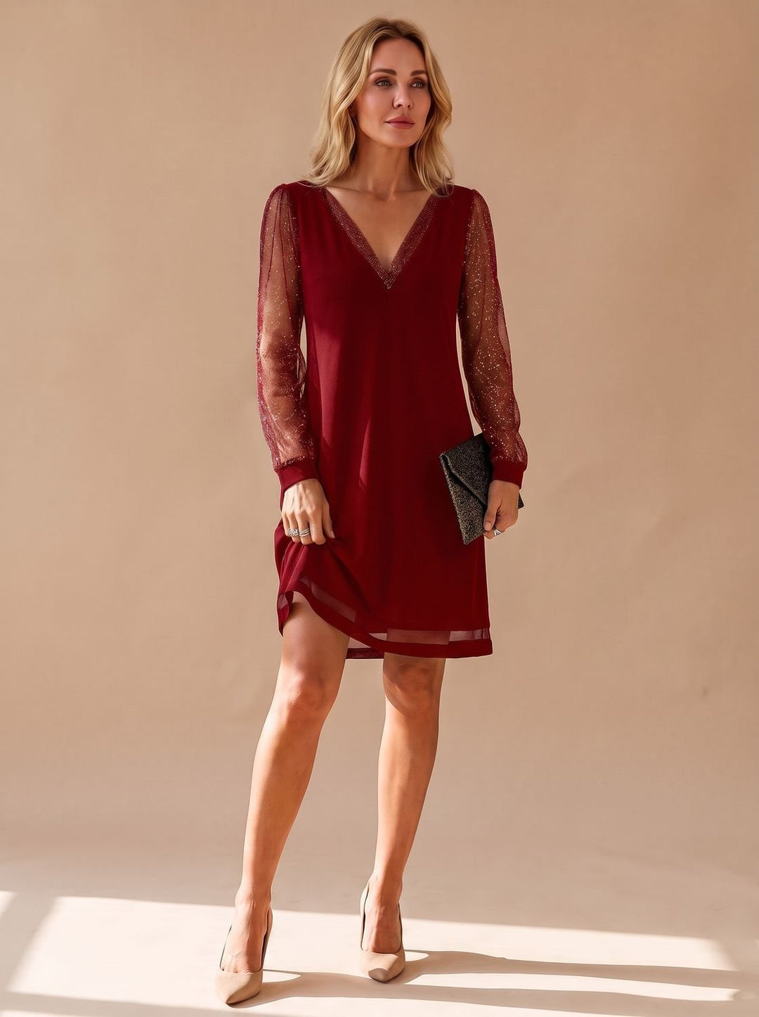 Scarlett | Mini Dress – V-Neck Glitter Mesh Sleeve for Women