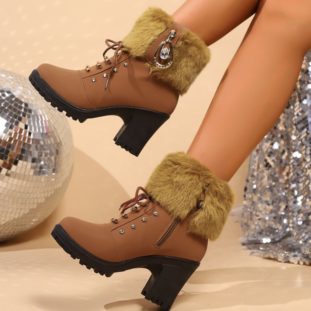 Velurea | Faux Fur Winter Boots – Elegant Block Heel for Women