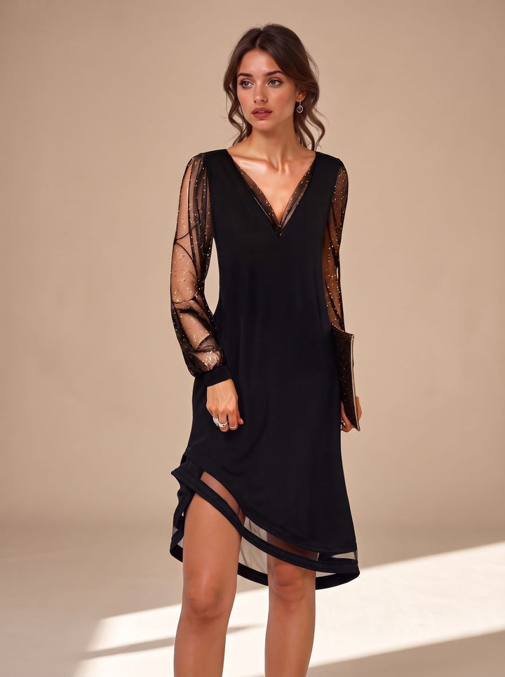 Camila | Mini Dress – Black Sheer Sequin Long Sleeves for Women
