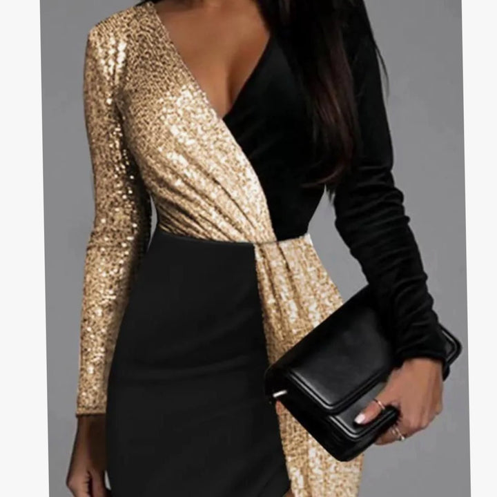Sophia | Long Sleeve Christmas Party Dress with Gold Sequins