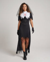 Evelyn | Vestito da suora spettrale di Halloween con mantello frastagliato