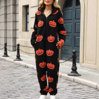 Poppy | Gefütterter Halloween-Overall aus Fleece mit Kapuze und Kürbismotiv