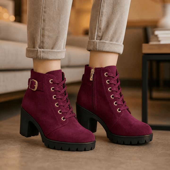 Strovia | Chunky Heel Ankle Boots – Plush Fur Lining for Women