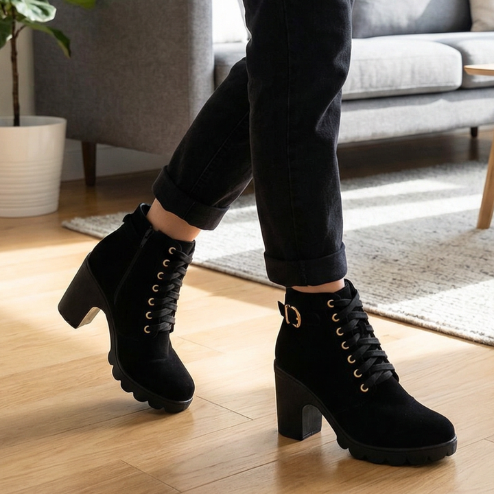 Strovia | Chunky Heel Ankle Boots – Plush Fur Lining for Women
