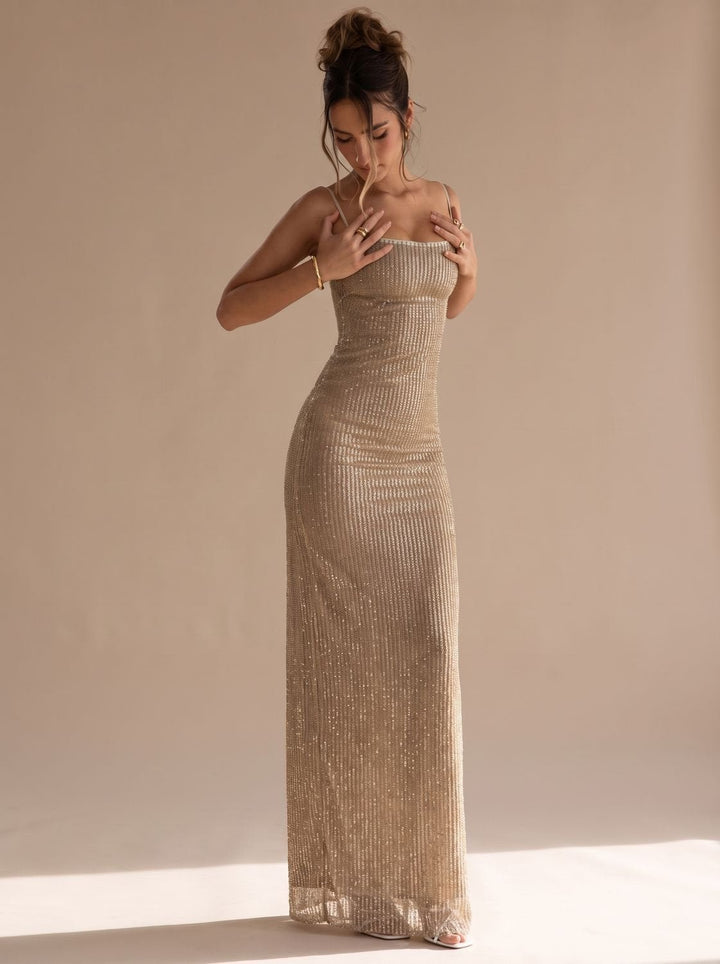 Grace | Bodycon Maxi Dress – Glamorous Gold Glitter Style for Women