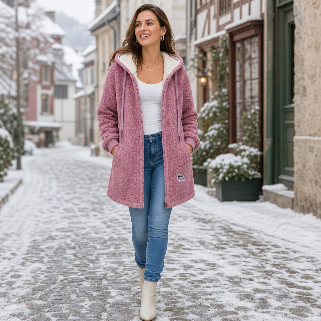 Veloura | Hooded Mid-Length Faux-Shearling Jacket for Women