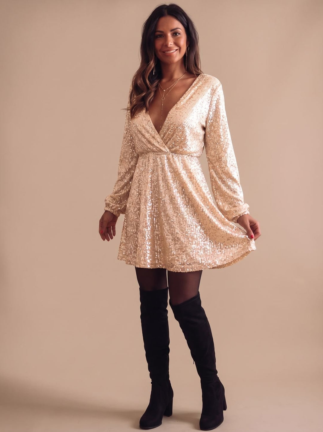 Scarlett | Christmas Party Dress – Sequin Wrap-Front Long Sleeve