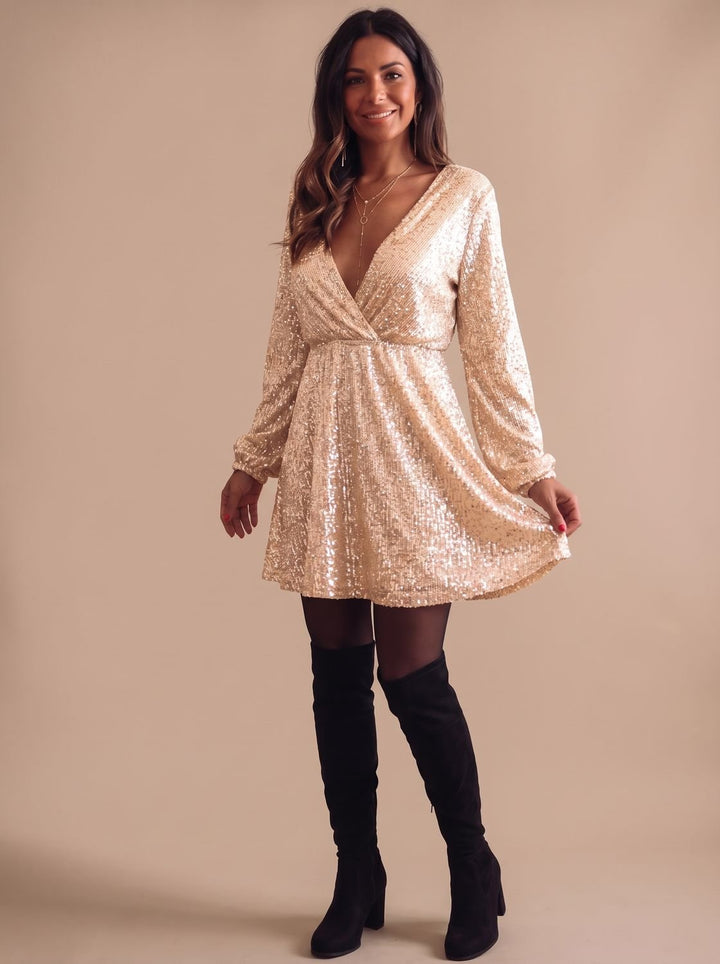Scarlett | Christmas Party Dress – Sequin Wrap-Front Long Sleeve
