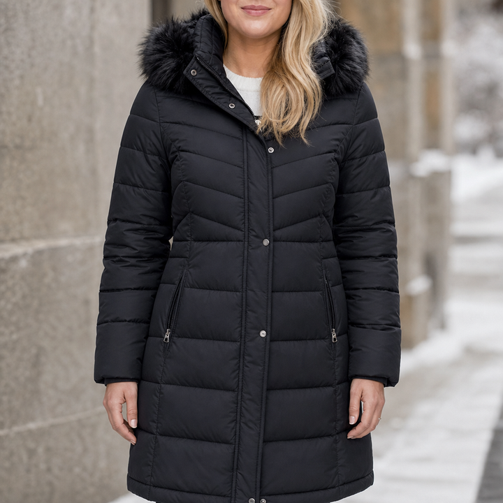 Chevronwarm | Longline Puffer Coat with Fur Hood