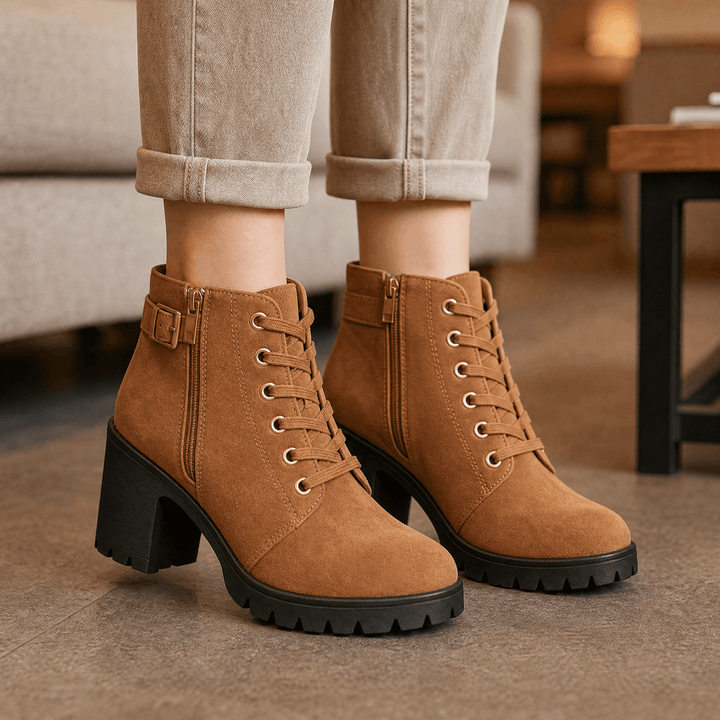 Strovia | Chunky Heel Ankle Boots – Plush Fur Lining for Women