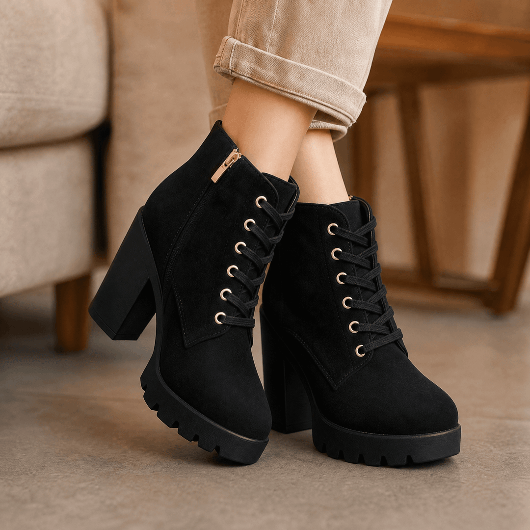 Strovia | Chunky Heel Ankle Boots – Plush Fur Lining for Women