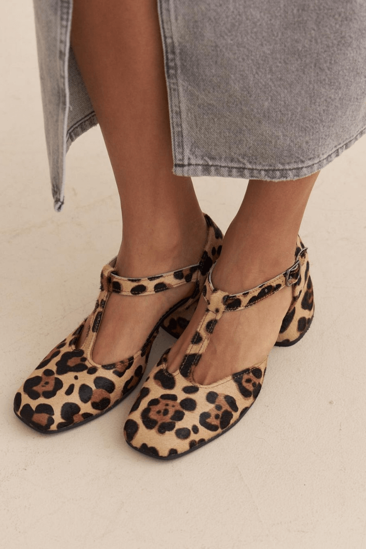 London | Leopard T-Strap Block Heels for Women