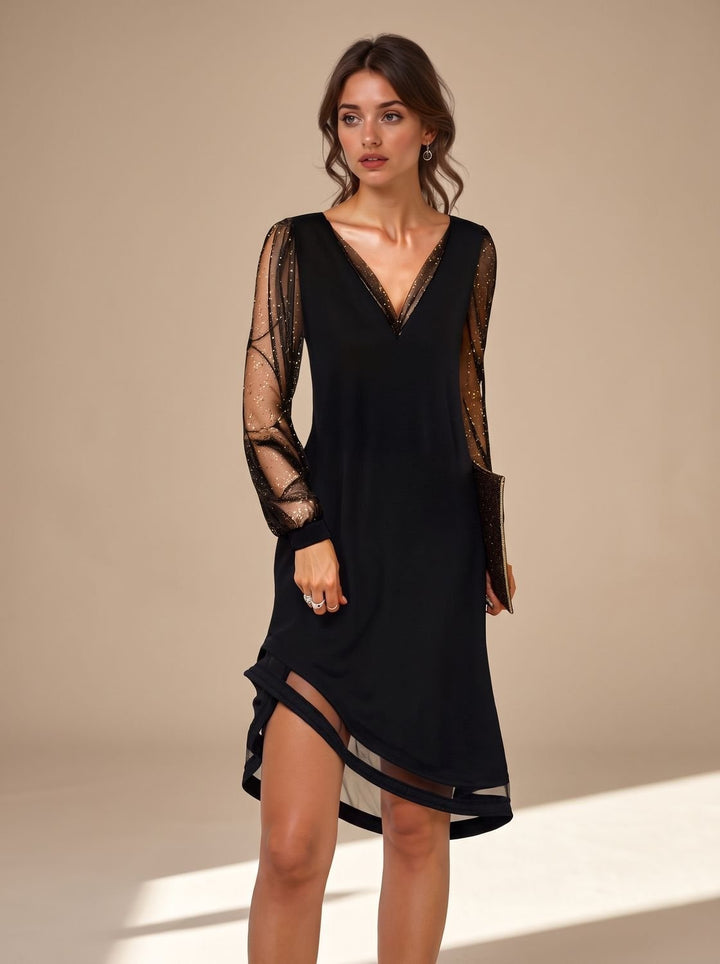 Camila | Mini Dress – Black Sheer Sequin Long Sleeves for Women