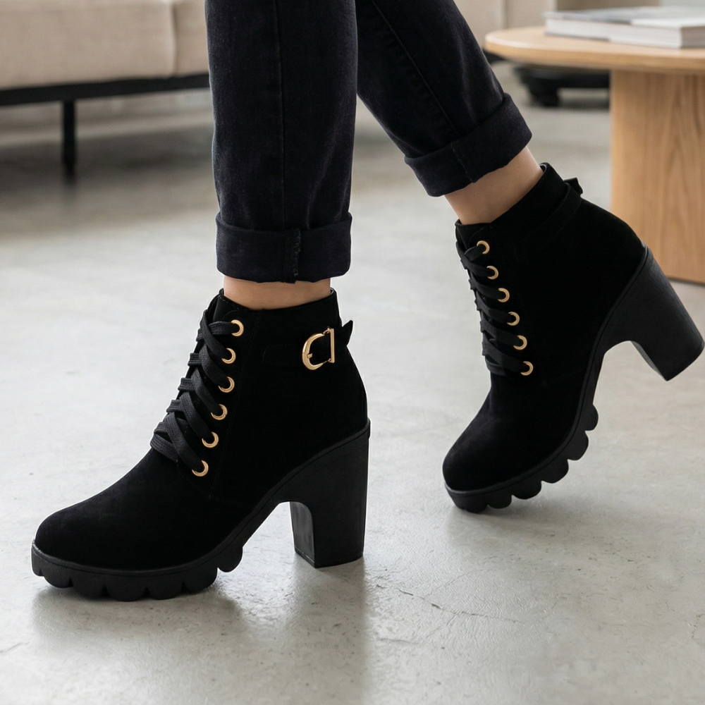 Strovia | Chunky Heel Ankle Boots – Plush Fur Lining for Women