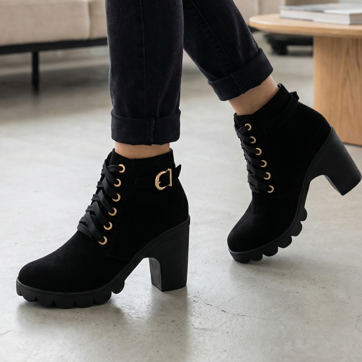Strovia | Chunky Heel Ankle Boots – Plush Fur Lining for Women