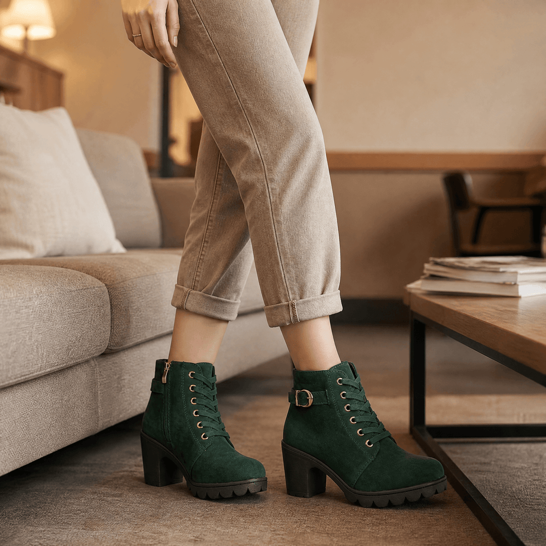 Strovia | Chunky Heel Ankle Boots – Plush Fur Lining for Women