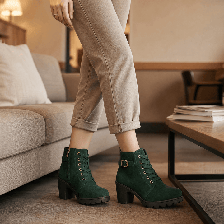 Strovia | Chunky Heel Ankle Boots – Plush Fur Lining for Women