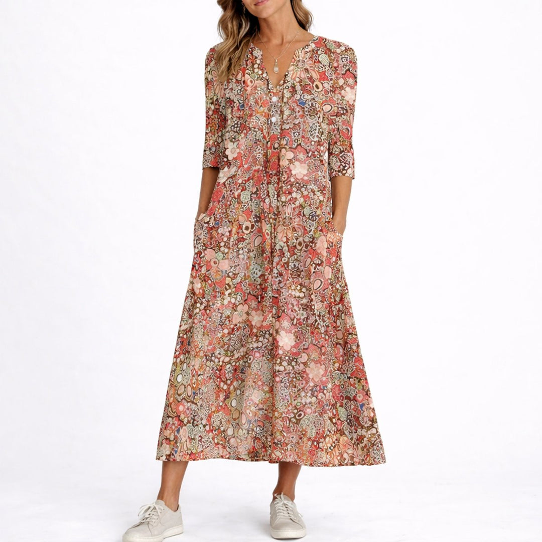Amelia | Robe midi élégante et polyvalente à motifs floraux pour mariage d’automne